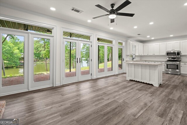 85 Geralds Pt, Wedowee, AL 36278 - kitchen with stainless steel appliances, healthy amount of natural light, light countertops, white cabinets, and ornamental molding
