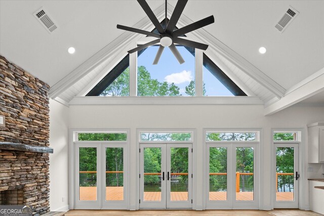 85 Geralds Pt, Wedowee, AL 36278 - detailed view of a ceiling fan, beamed ceiling, and french doors