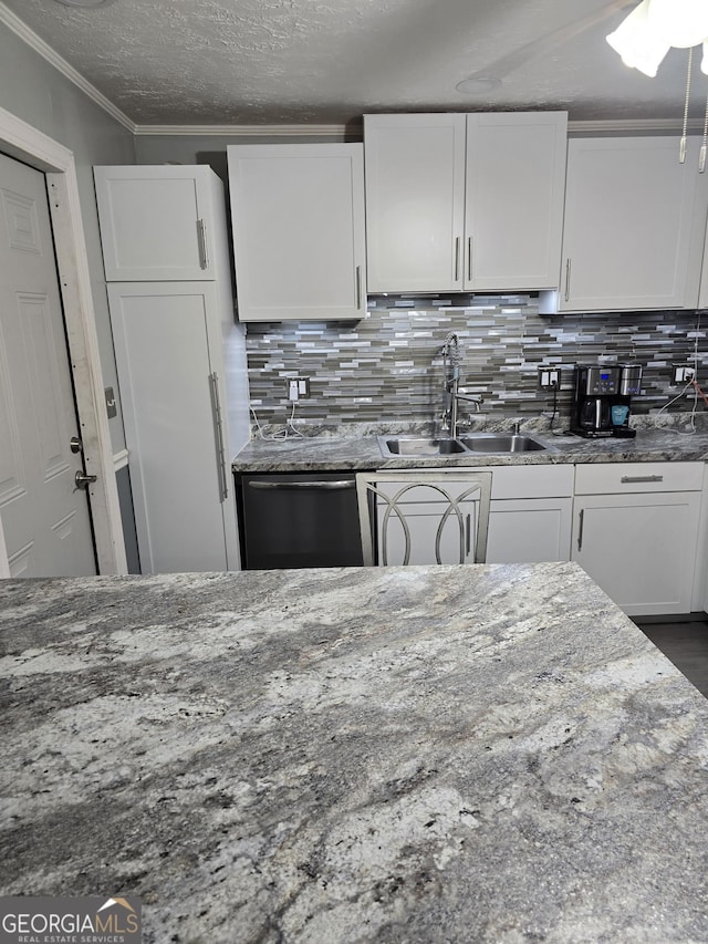 4322 Summerhill Dr, Macon, GA 31204 - kitchen with dishwasher, white cabinetry, stone counters, decorative backsplash, and a textured ceiling