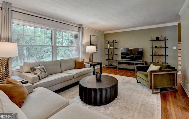 595 Glenforest Rd, Sandy Springs, GA 30328 - living room with wood finished floors, ornamental molding, and healthy amount of natural light