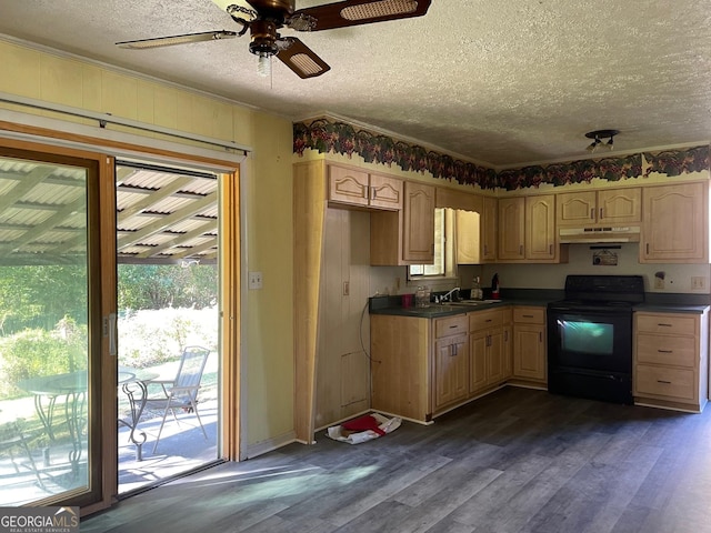 266 Ridge Trl, Riverdale, GA 30274 - kitchen featuring black electric range oven, a textured ceiling, under cabinet range hood, dark wood-type flooring, and a ceiling fan