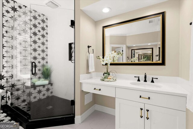 411 Hickory Fairway Ct, Woodstock, GA 30188 - full bathroom featuring vanity, a shower stall, and tile patterned floors