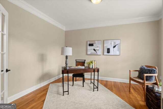 411 Hickory Fairway Ct, Woodstock, GA 30188 - office area featuring ornamental molding and wood finished floors