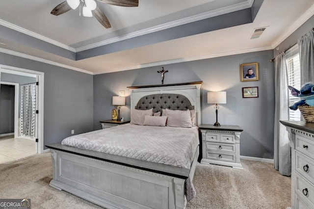 1811 Alberta Ln, Winder, GA 30680 - bedroom featuring light colored carpet, a raised ceiling, ornamental molding, and ceiling fan