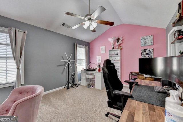 1811 Alberta Ln, Winder, GA 30680 - carpeted home office with lofted ceiling and a ceiling fan
