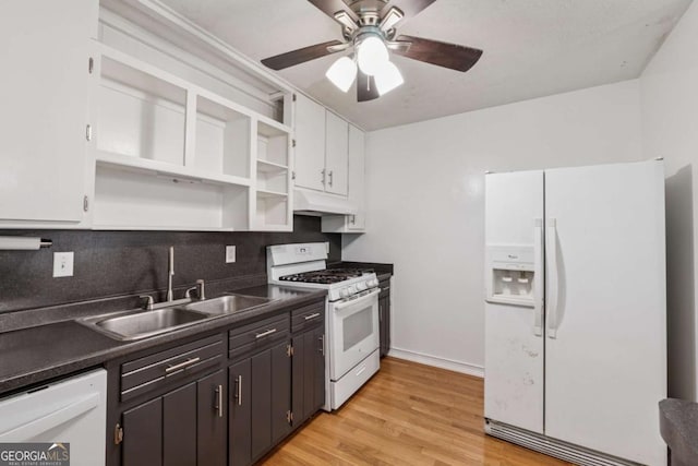 3123 Deshong Dr, Stone Mountain, GA 30087 - kitchen featuring white appliances, under cabinet range hood, open shelves, a ceiling fan, and dark countertops