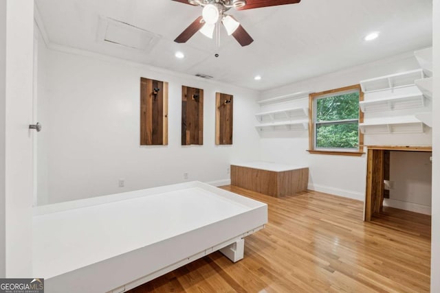3123 Deshong Dr, Stone Mountain, GA 30087 - bedroom with recessed lighting, attic access, wood finished floors, ceiling fan, and ornamental molding