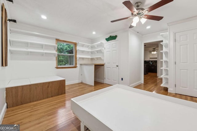 3123 Deshong Dr, Stone Mountain, GA 30087 - bedroom with light wood-style floors, recessed lighting, a ceiling fan, and crown molding