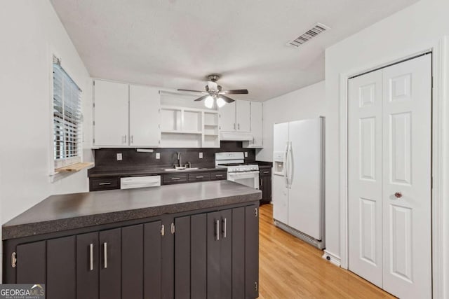 3123 Deshong Dr, Stone Mountain, GA 30087 - kitchen featuring white appliances, dark countertops, a peninsula, white cabinets, and open shelves