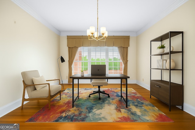 152 Lace Field Ln, Lavonia, GA 30553 - office featuring a chandelier, crown molding, and wood finished floors