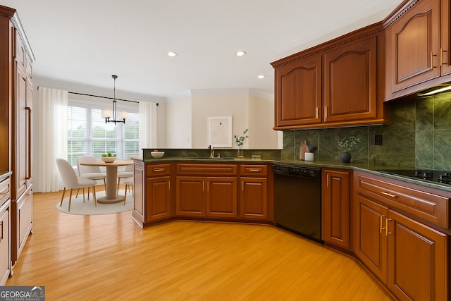 152 Lace Field Ln, Lavonia, GA 30553 - kitchen with black appliances, ornamental molding, light wood-type flooring, a chandelier, and a peninsula