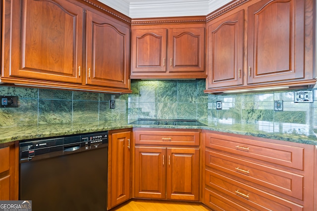 152 Lace Field Ln, Lavonia, GA 30553 - kitchen featuring black appliances, light stone counters, brown cabinetry, tasteful backsplash, and crown molding