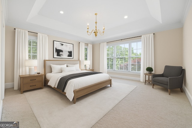 152 Lace Field Ln, Lavonia, GA 30553 - bedroom featuring a raised ceiling, a chandelier, light carpet, recessed lighting, and ornamental molding