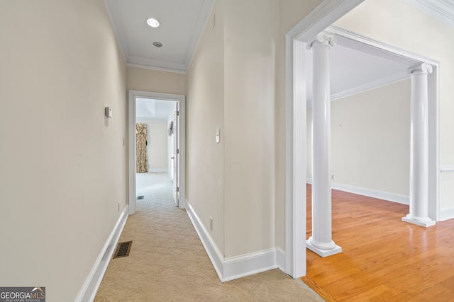 152 Lace Field Ln, Lavonia, GA 30553 - hallway featuring crown molding and ornate columns