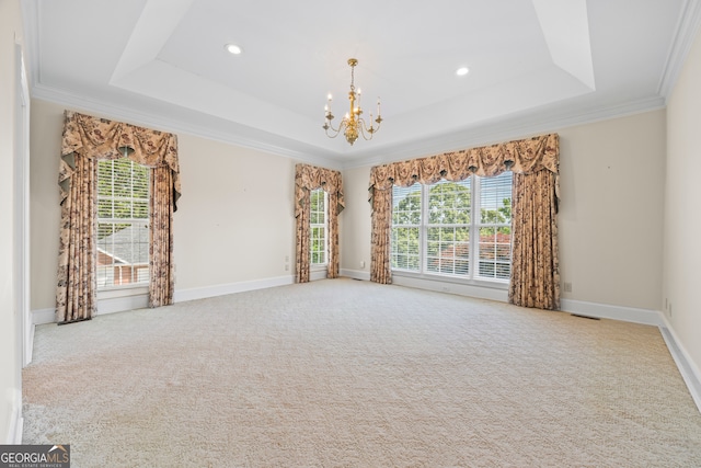 152 Lace Field Ln, Lavonia, GA 30553 - carpeted empty room with a chandelier, a tray ceiling, crown molding, and recessed lighting