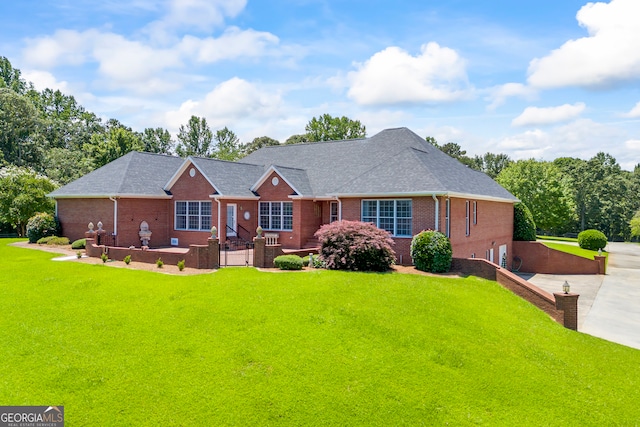 152 Lace Field Ln, Lavonia, GA 30553 - view of front of property with brick siding, a front lawn, concrete driveway, and roof with shingles