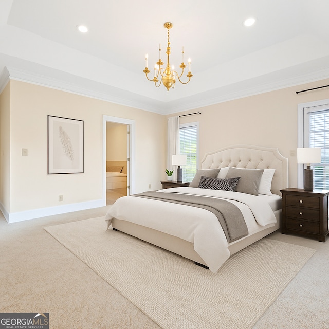 152 Lace Field Ln, Lavonia, GA 30553 - bedroom with a chandelier, a tray ceiling, light carpet, multiple windows, and recessed lighting