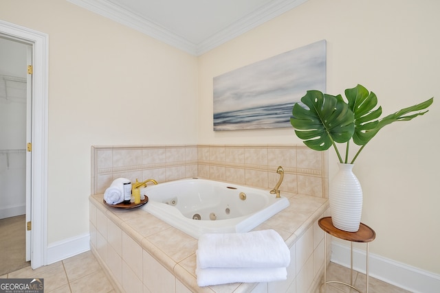 152 Lace Field Ln, Lavonia, GA 30553 - full bathroom featuring a tub with jets, crown molding, a spacious closet, and tile patterned floors