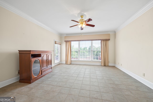 152 Lace Field Ln, Lavonia, GA 30553 - unfurnished living room featuring ornamental molding, ceiling fan, and light tile patterned floors