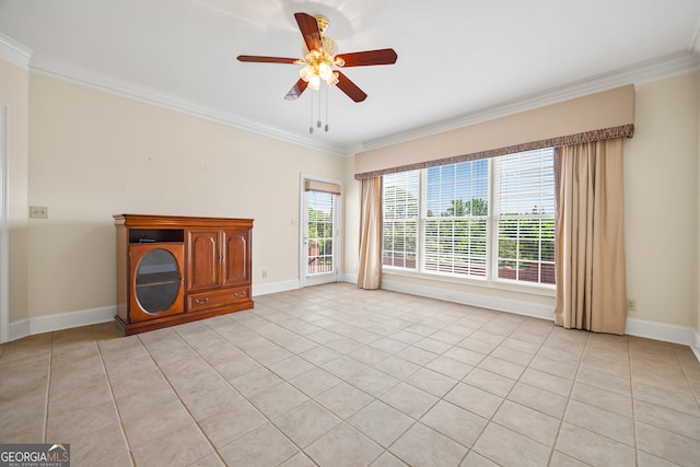 152 Lace Field Ln, Lavonia, GA 30553 - unfurnished living room featuring ornamental molding, a ceiling fan, and light tile patterned flooring