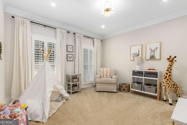 5414 Manteo Inlt, Peachtree Corners, GA 30092 - living area featuring ornamental molding, carpet floors, and recessed lighting