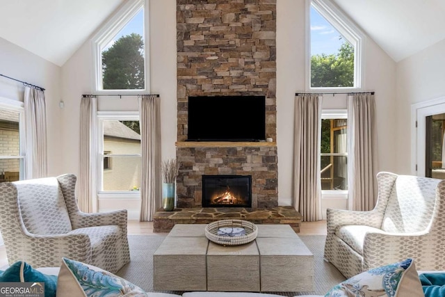 5414 Manteo Inlt, Peachtree Corners, GA 30092 - living area with a fireplace, high vaulted ceiling, and wood finished floors