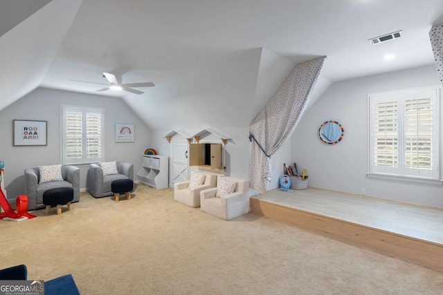 5414 Manteo Inlt, Peachtree Corners, GA 30092 - playroom with vaulted ceiling, ceiling fan, and carpet
