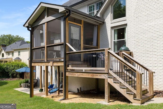 5414 Manteo Inlt, Peachtree Corners, GA 30092 - back of house featuring a sunroom, stairs, brick siding, and a patio area