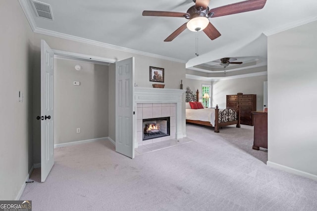 2864 Wyndcliff Ct, Marietta, GA 30066 - bedroom with light carpet, ornamental molding, ceiling fan, and a raised ceiling