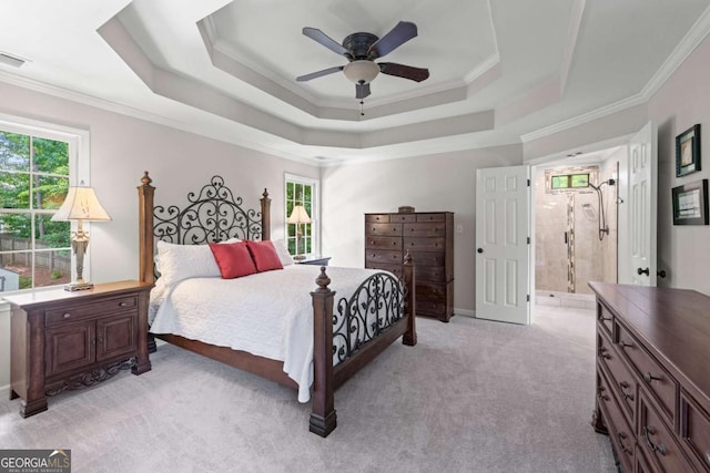 2864 Wyndcliff Ct, Marietta, GA 30066 - bedroom featuring a raised ceiling, light colored carpet, ensuite bath, crown molding, and ceiling fan