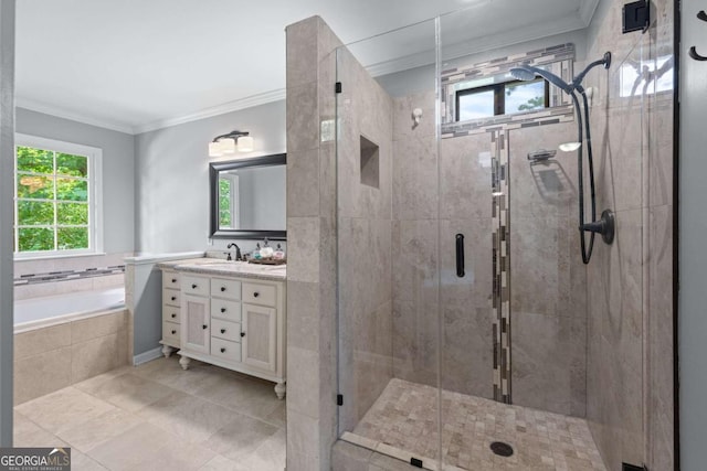 2864 Wyndcliff Ct, Marietta, GA 30066 - full bathroom with vanity, ornamental molding, a garden tub, a stall shower, and tile patterned flooring