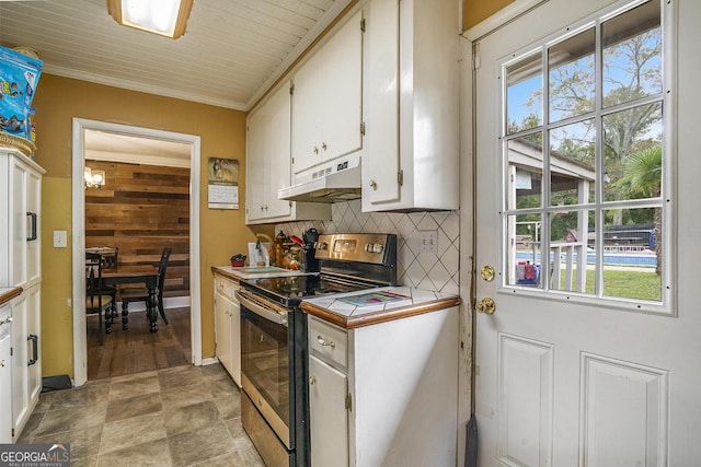 1083 Hampton Rd, Hampton, GA 30228 - kitchen featuring electric range, under cabinet range hood, white cabinetry, and healthy amount of natural light