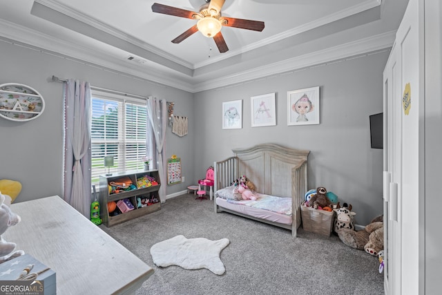 1436 Virginia Way, Monroe, GA 30655 - bedroom featuring a raised ceiling, carpet flooring, a crib, crown molding, and a ceiling fan