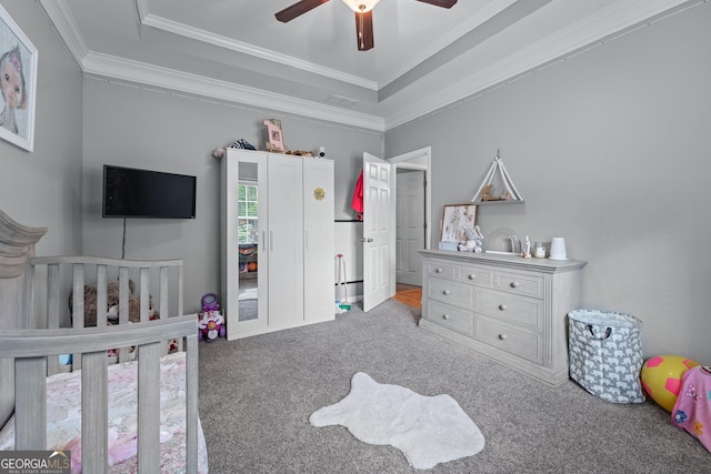 1436 Virginia Way, Monroe, GA 30655 - bedroom featuring a tray ceiling, carpet flooring, crown molding, and ceiling fan