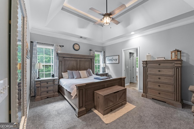 1436 Virginia Way, Monroe, GA 30655 - bedroom featuring multiple windows, a raised ceiling, light carpet, crown molding, and ceiling fan