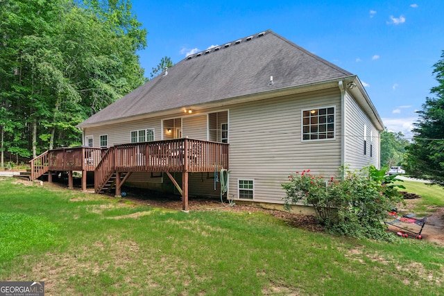 1436 Virginia Way, Monroe, GA 30655 - rear view of property featuring stairs, a deck, a yard, and a shingled roof