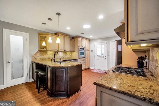 186 Ashley Dr, Mcdonough, GA 30252 - kitchen featuring appliances with stainless steel finishes, wood finished floors, a peninsula, backsplash, and light stone counters