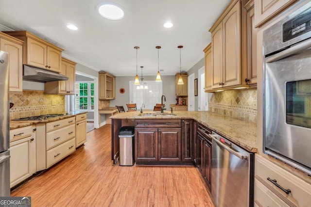 186 Ashley Dr, Mcdonough, GA 30252 - kitchen featuring stainless steel appliances, a peninsula, under cabinet range hood, light wood-type flooring, and ornamental molding