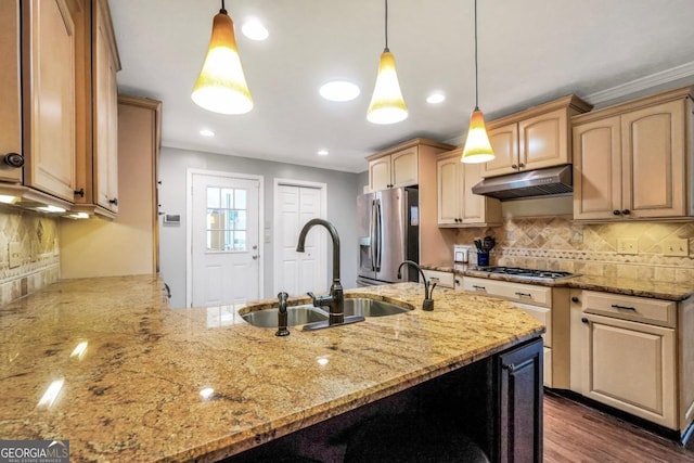 186 Ashley Dr, Mcdonough, GA 30252 - kitchen with appliances with stainless steel finishes, under cabinet range hood, a peninsula, light stone countertops, and recessed lighting