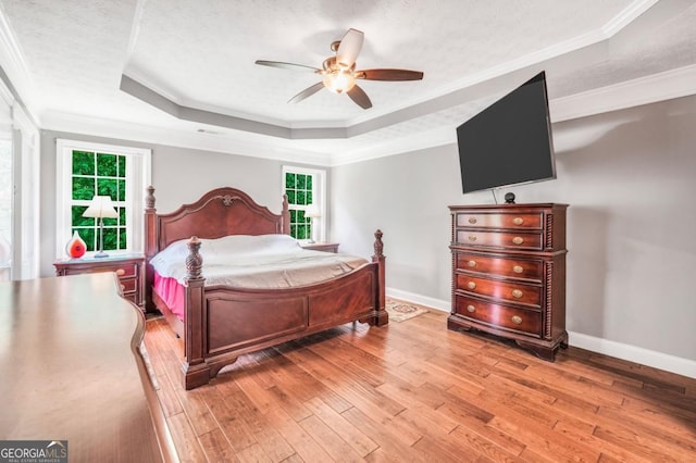 186 Ashley Dr, Mcdonough, GA 30252 - bedroom with a raised ceiling, crown molding, light wood-style floors, and multiple windows