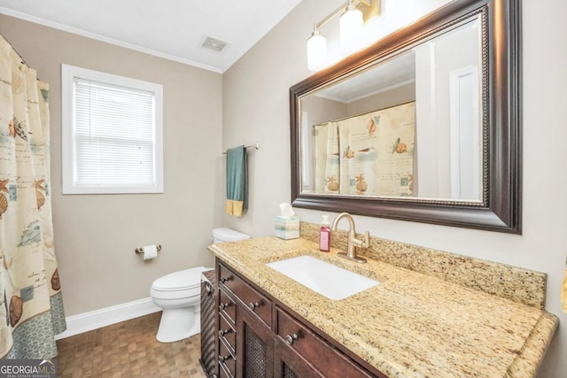 186 Ashley Dr, Mcdonough, GA 30252 - bathroom featuring vanity, ornamental molding, and a shower with shower curtain