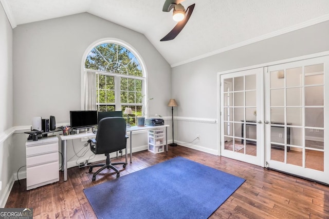 186 Ashley Dr, Mcdonough, GA 30252 - home office with vaulted ceiling, a ceiling fan, hardwood / wood-style floors, french doors, and crown molding