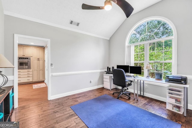 186 Ashley Dr, Mcdonough, GA 30252 - home office with lofted ceiling, ornamental molding, ceiling fan, and wood finished floors