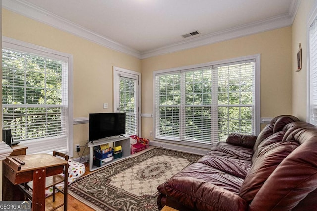 4110 Summit Chase, Gainesville, GA 30506 - living room featuring healthy amount of natural light, ornamental molding, and wood finished floors