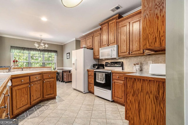 4110 Summit Chase, Gainesville, GA 30506 - kitchen with white appliances, brown cabinetry, a chandelier, light tile patterned flooring, and ornamental molding