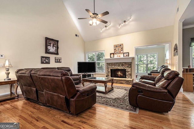 4110 Summit Chase, Gainesville, GA 30506 - living room featuring wood finished floors, healthy amount of natural light, ceiling fan, and high vaulted ceiling