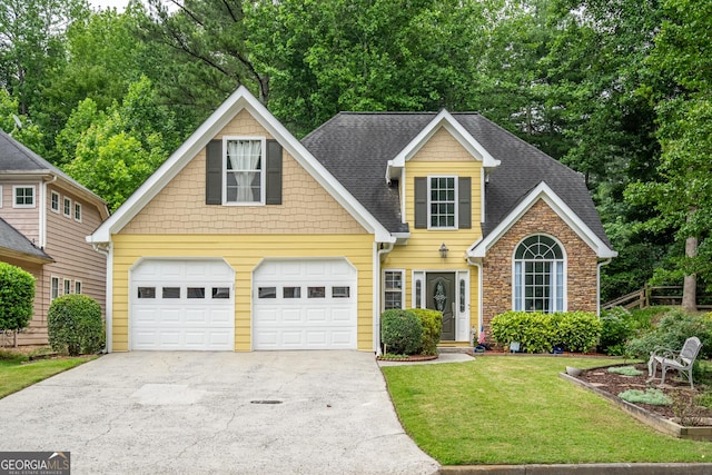 1805 Millstone Ct, Alpharetta, GA 30004 - traditional home with driveway, a front yard, roof with shingles, and an attached garage