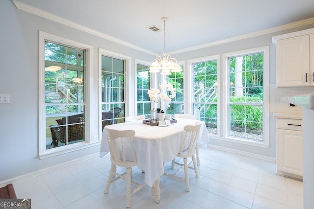 1805 Millstone Ct, Alpharetta, GA 30004 - dining space with a chandelier, healthy amount of natural light, ornamental molding, and light tile patterned floors