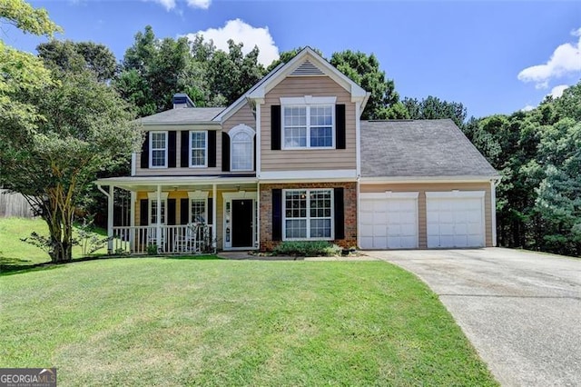 5385 Spotted Fawn Ct, Suwanee, GA 30024 - view of front of house with an attached garage, a porch, driveway, and a front yard