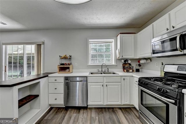 5385 Spotted Fawn Ct, Suwanee, GA 30024 - kitchen featuring stainless steel appliances, a textured ceiling, white cabinetry, a peninsula, and dark wood finished floors